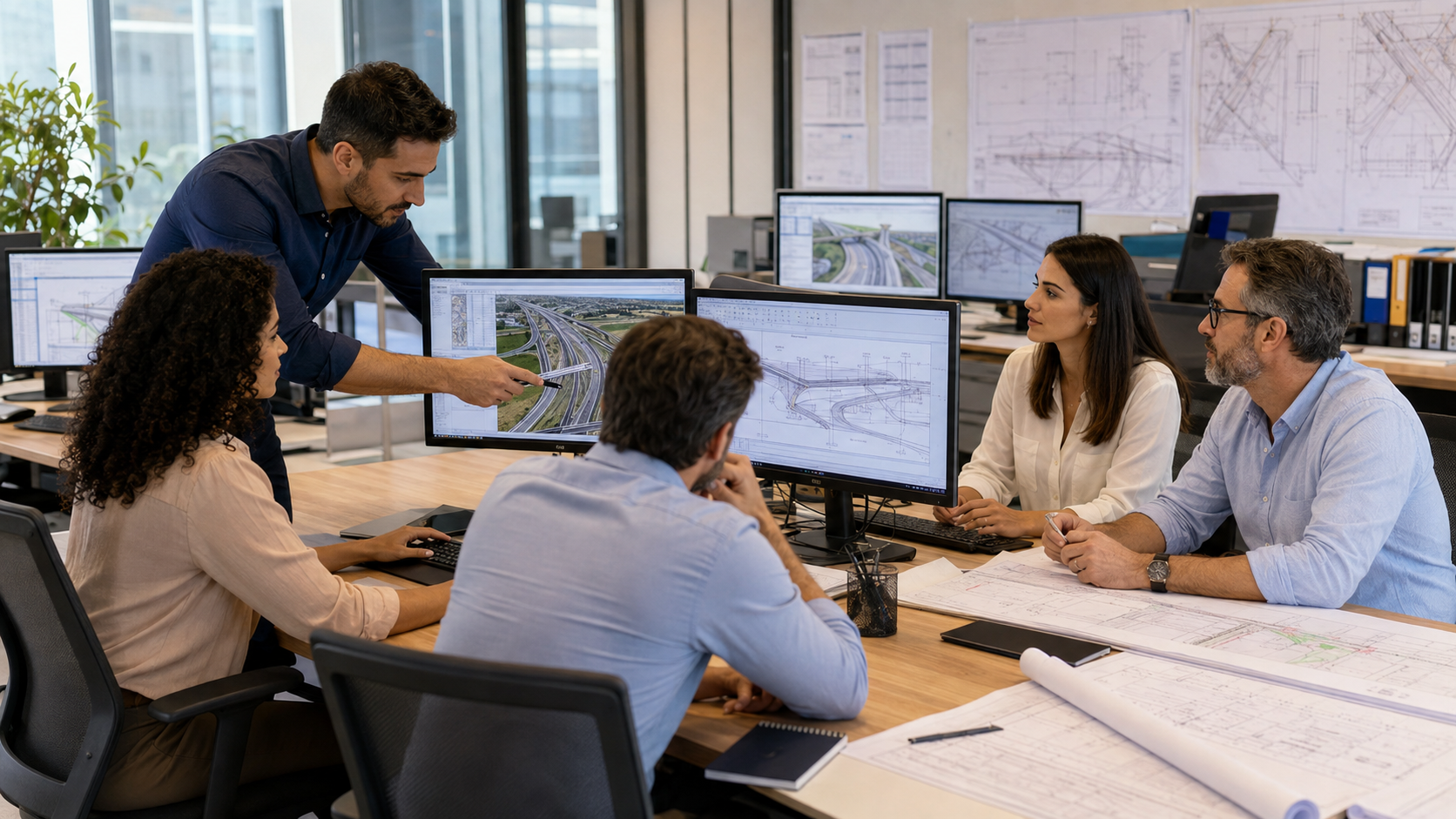 Equipe técnica reunida analisando projetos de engenharia